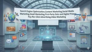 A futuristic, high-tech interface displaying the key pillars of digital marketing success for 2026 within a modern corporate workspace. From SEO and First-Party Data to Video Marketing and Measurable Results, these strategies are essential for scaling small businesses.
