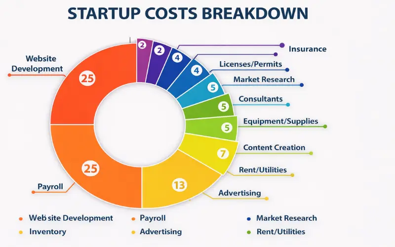 Startup costs breakdown infographic displayed in a horizontal donut chart showing expenses like payroll, website development, advertising, inventory, rent, content creation, equipment, consultants, market research, licenses, and insurance with percentage distribution.