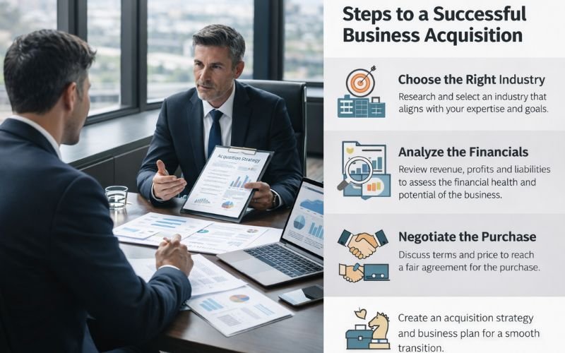 Business executives reviewing financial reports and acquisition strategy in a corporate boardroom with infographic showing steps to a successful business acquisition.