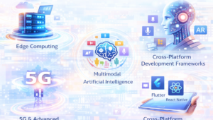 Key technologies for 2026 DualMedia applications: Edge Computing, 5G, and Multimodal AI on a futuristic background. Also features React Native and Flutter for cross-platform mobile development on a digital tablet.