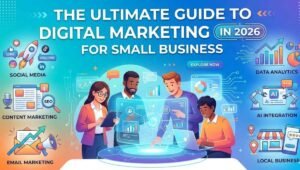An infographic titled "The Ultimate Guide to Digital Marketing for Small Business in 2026" featuring a team working with futuristic holographic displays. It illustrates key marketing pillars including AI integration, data analytics, social media, and SEO to guide small business growth.