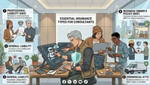 An educational infographic illustrating essential insurance types for consultants, such as Professional Liability, General Liability, and Business Owner’s Policies, to mitigate risks like errors, accidents, and property damage.