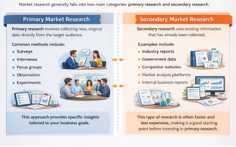 Types of market research infographic showing primary research methods such as surveys, interviews, focus groups, observation, and experiments alongside secondary research sources like industry reports, government data, competitor websites, and market analysis platforms.