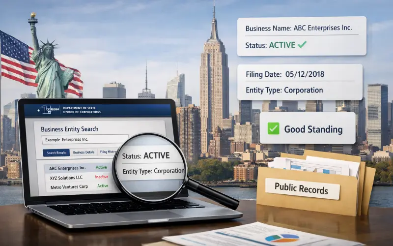 New York business entity search on laptop showing active status, filing details, and good standing with NYC skyline background