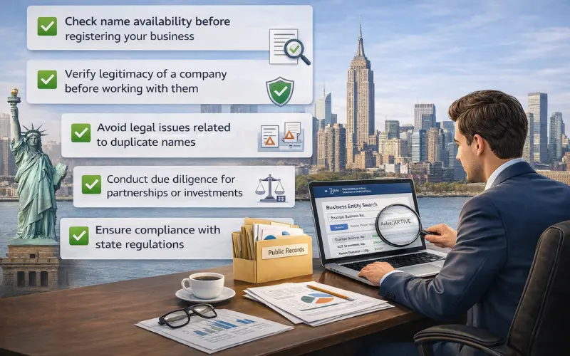 Business entity search benefits checklist with businessman reviewing company data on laptop and New York skyline background