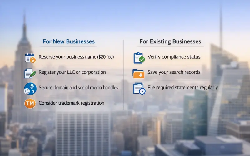 Steps for new and existing businesses including name reservation, LLC registration, compliance check, and filing statements