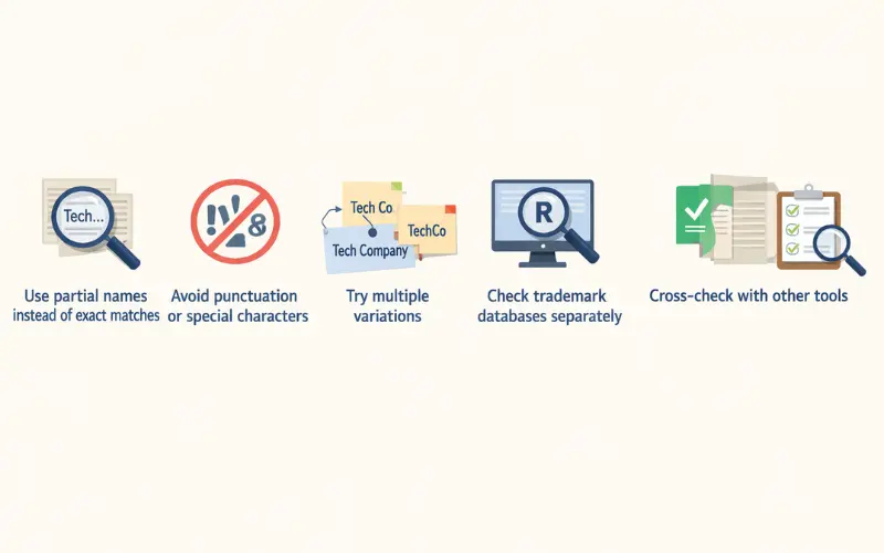 Search tips including using partial names, avoiding special characters, trying variations, checking trademark databases, and cross-checking tools