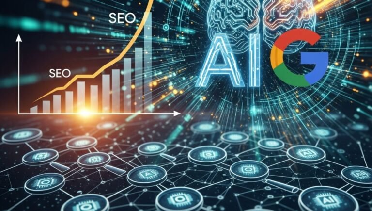 Futuristic digital illustration showing a glowing AI brain with the word “AI,” the Google logo, and an upward-trending SEO graph, surrounded by interconnected network nodes and blue-orange data streams.