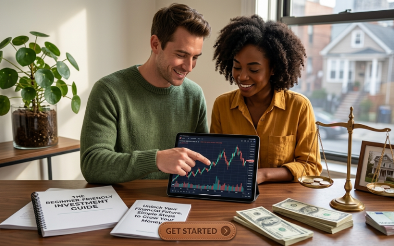 A diverse young couple sitting at a wooden desk, smiling as they look at a tablet displaying a green and red financial growth chart. On the desk are stacks of cash, a gold balance scale, and a guide titled "The Beginner-Friendly Investment Guide."