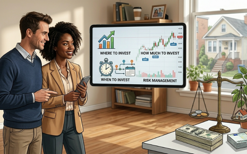 A diverse couple standing and smiling next to a large tablet displaying an investment strategy guide in a well-lit home office. The screen shows charts, an alarm clock, and a calendar with headings like "Where to Invest," "How Much to Invest," "When to Invest," and "Risk Management." The desk in the foreground has stacks of cash and a balance scale holding a small house.