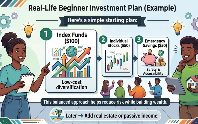 Real-life beginner investment plan infographic showing index funds, stocks, and emergency savings strategy