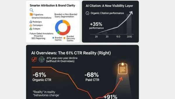 Infographic about AI-driven marketing insights showing smarter attribution and brand clarity, AI citation performance up 35%, and AI Overviews impact with -61% organic CTR, -68% paid CTR, and +91% performance improvement.