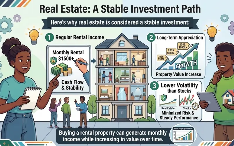 Real estate investment infographic showing rental income, property appreciation, and low-risk stable returns