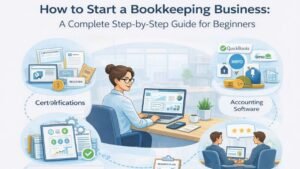 Illustration showing how to start a bookkeeping business with steps including certifications, accounting software, business planning, and financial management tools.