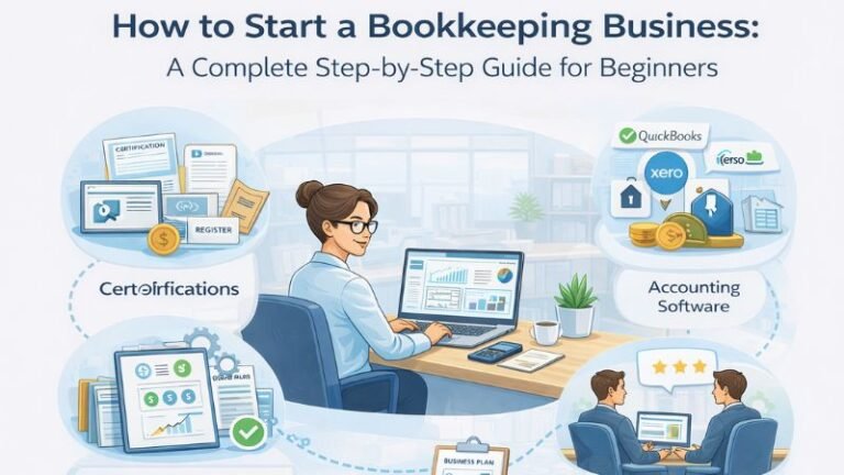 Illustration showing how to start a bookkeeping business with steps including certifications, accounting software, business planning, and financial management tools.