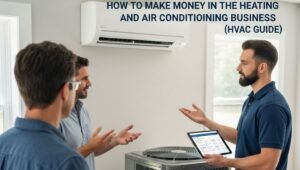 HVAC technician explaining an air conditioning system to two homeowners inside a house while standing near an HVAC unit and wall-mounted air conditioner.