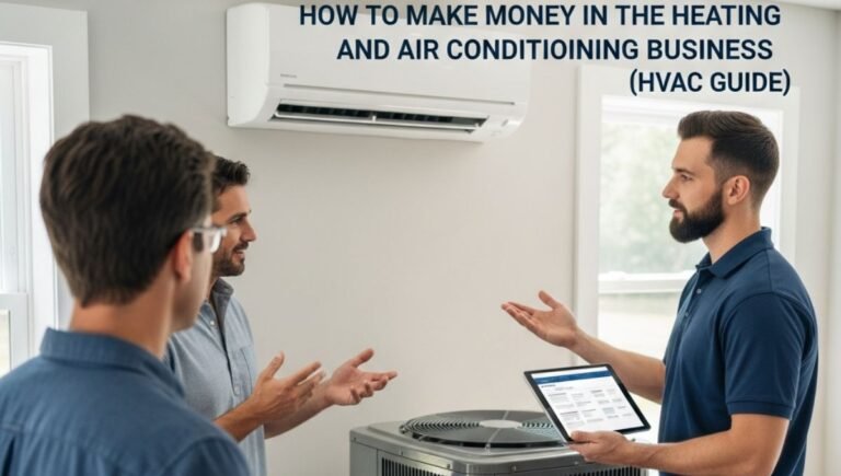 HVAC technician explaining an air conditioning system to two homeowners inside a house while standing near an HVAC unit and wall-mounted air conditioner.