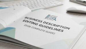 Open guidebook titled “Business Description Editing Guidelines (2026 Complete Guide)” placed on a desk beside a keyboard and mouse.