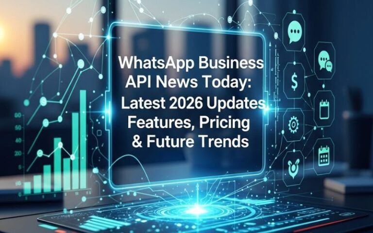 Illustration showing a digital dashboard with analytics charts, icons, and the headline “WhatsApp Business API News Today: Latest 2026 Updates, Features, Pricing & Future Trends,” representing messaging technology and business communication updates.