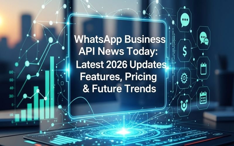Illustration showing a digital dashboard with analytics charts, icons, and the headline “WhatsApp Business API News Today: Latest 2026 Updates, Features, Pricing & Future Trends,” representing messaging technology and business communication updates.