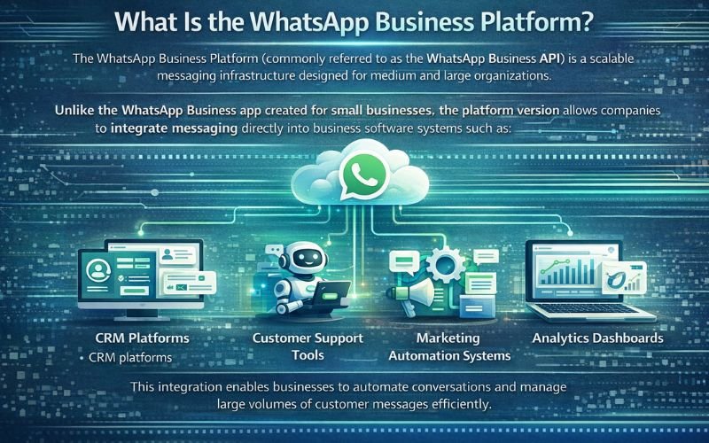 Infographic showing WhatsApp Business Platform integrations with CRM, customer support, marketing automation, and analytics tools.