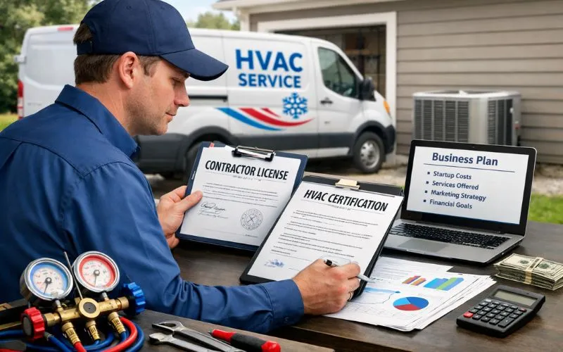 HVAC technician reviewing contractor license and HVAC certification documents while planning a new HVAC business with tools, laptop, and service van in the background.