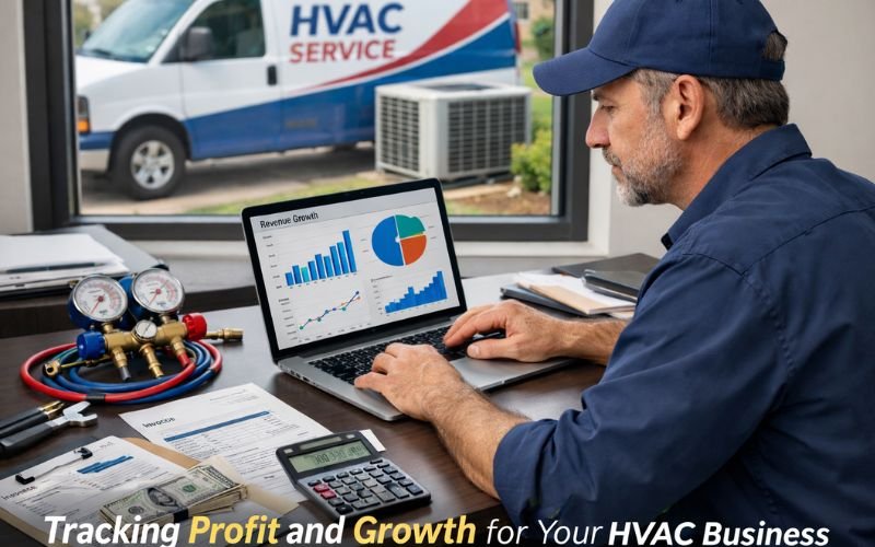 HVAC business owner analyzing revenue growth and profit charts on a laptop with HVAC tools, calculator, and service van visible outside.