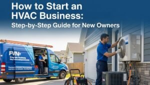 HVAC technician installing an outdoor air conditioning unit beside a modern house while another technician works from a branded service van, illustrating how to start an HVAC business.