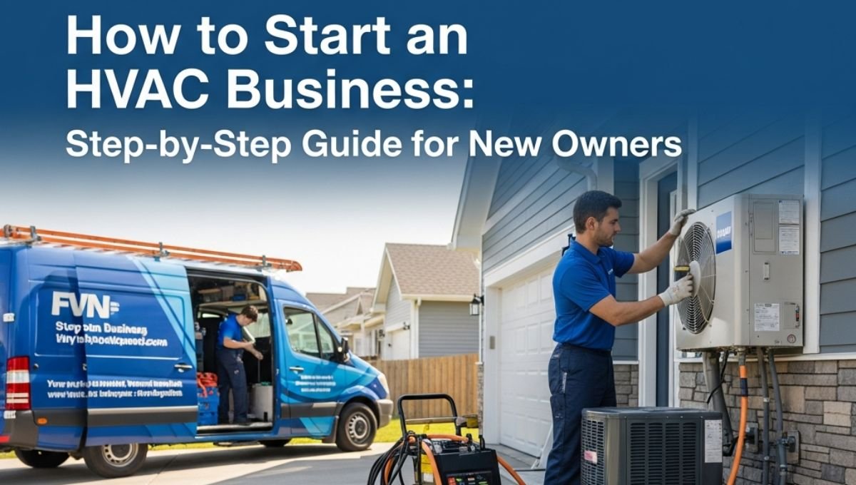 HVAC technician installing an outdoor air conditioning unit beside a modern house while another technician works from a branded service van, illustrating how to start an HVAC business.
