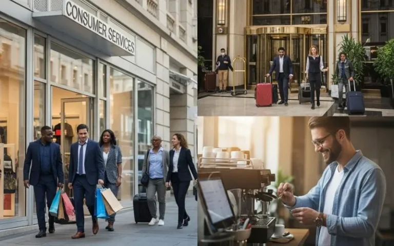 Collage showing different consumer service experiences including people shopping outside a retail store labeled “Consumer Services,” hotel guests leaving a hotel with luggage, and a barista preparing coffee in a café.