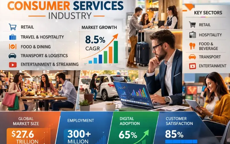 the consumer services industry with sectors like retail, hospitality, food and dining, transport, and entertainment along with market growth statistics, global market size, employment data, digital adoption, and customer satisfaction metrics.
