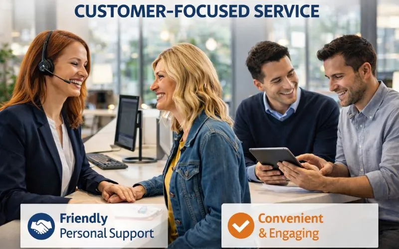 Customer service representative assisting a smiling customer at a modern service desk while another staff member helps a client using a tablet in a bright professional office environment.