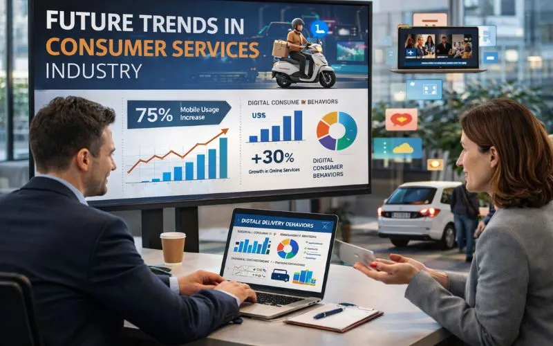 Business professionals analyzing digital dashboards and consumer services industry data on a laptop and large screen, showing trends in mobile apps, online delivery, streaming services, and ride-sharing platforms in a modern office workspace.