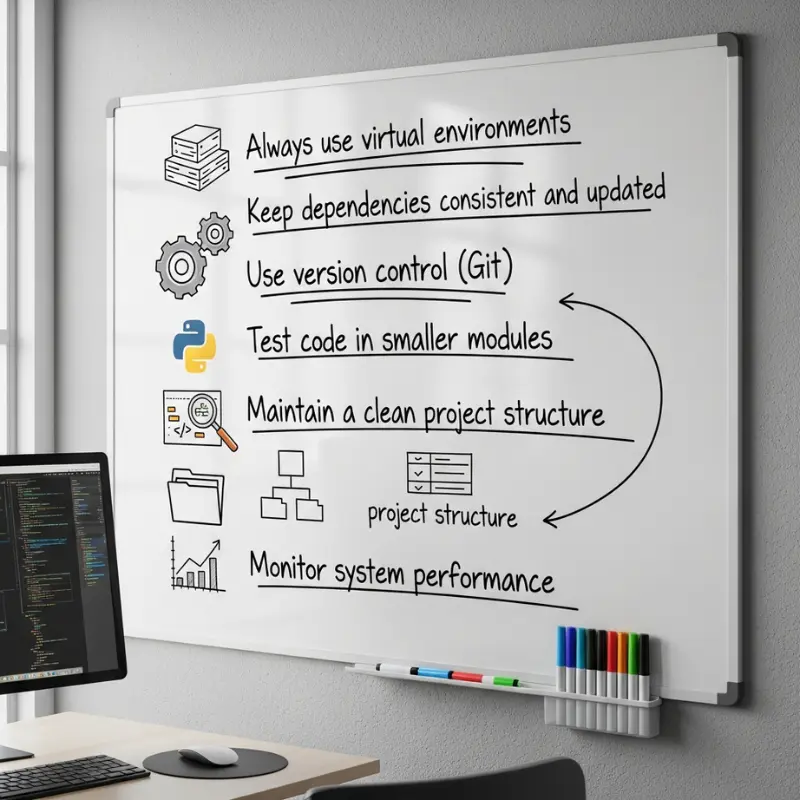 Best coding practices infographic showing virtual environments, Git version control, dependency management, and system performance monitoring