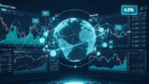 A futuristic digital trading dashboard showing a glowing global globe along with complex stock market charts.