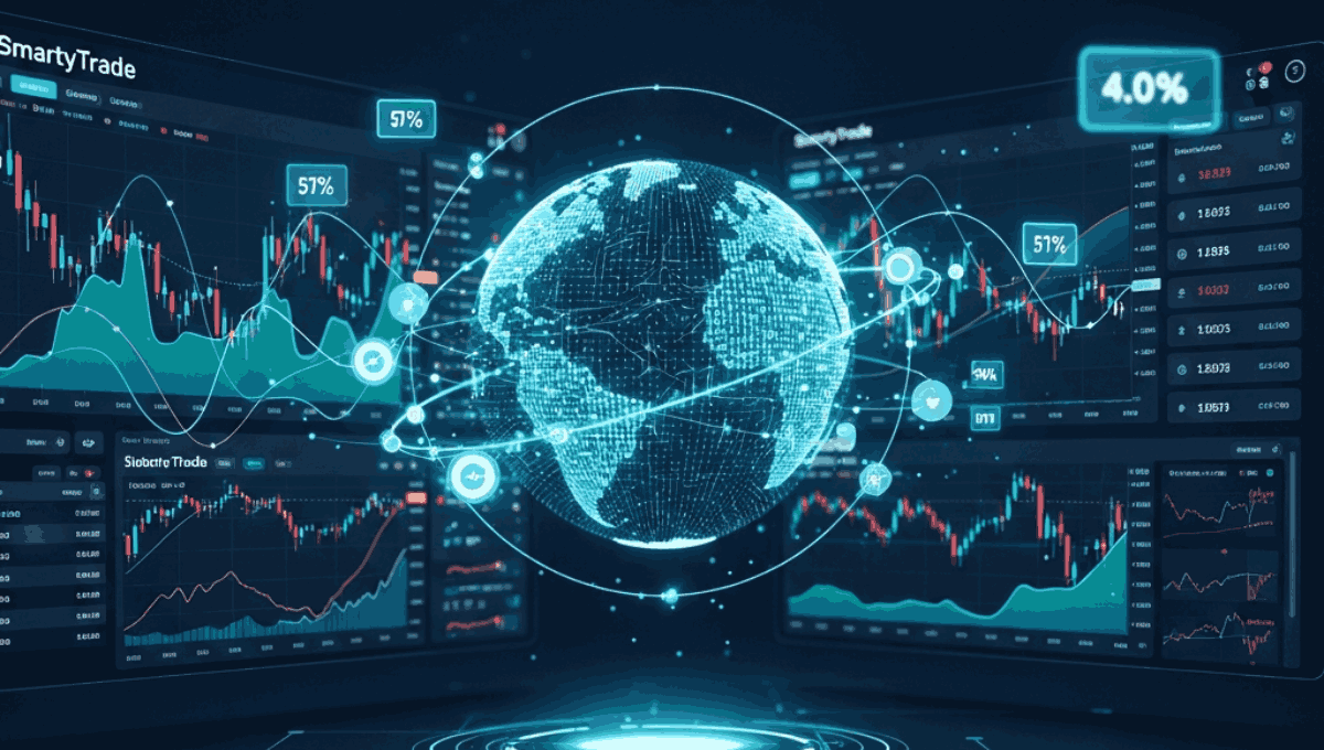 A futuristic digital trading dashboard showing a glowing global globe along with complex stock market charts.