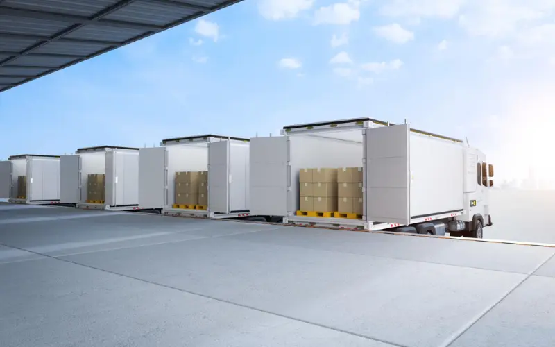 Box trucks loaded with cargo parked at a warehouse loading dock for delivery logistics operations
