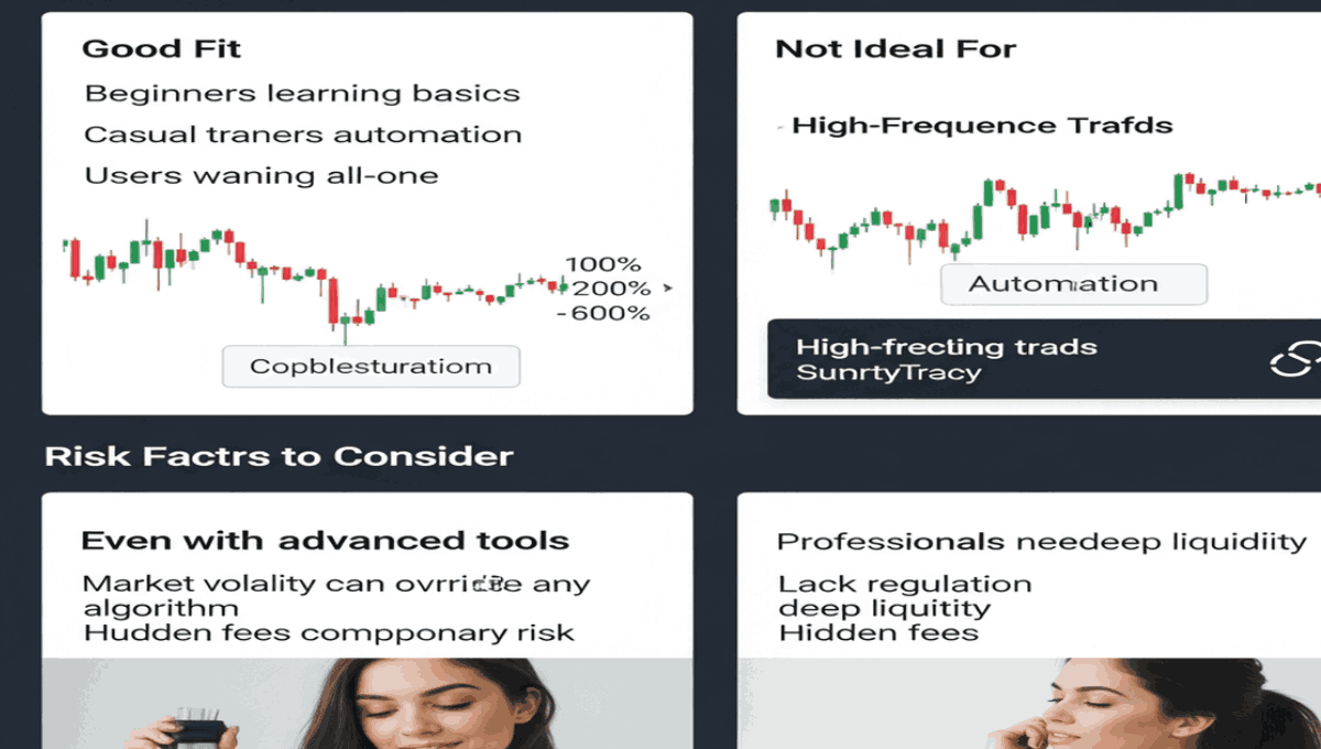 An informational graphic categorizing who should use SmartyTrade, highlighting suitable users, those it is not ideal for, and key risk factors.