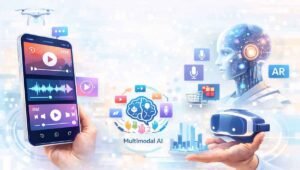 Modern mobile dualmedia application infographic, demonstrating integrated video and audio playback, live streaming, AR/VR, shopping, and multimodal AI on a smartphone. A digital robot head, VR headset, and drone with edge computing illustrate the technology trends driving growth in 2026.