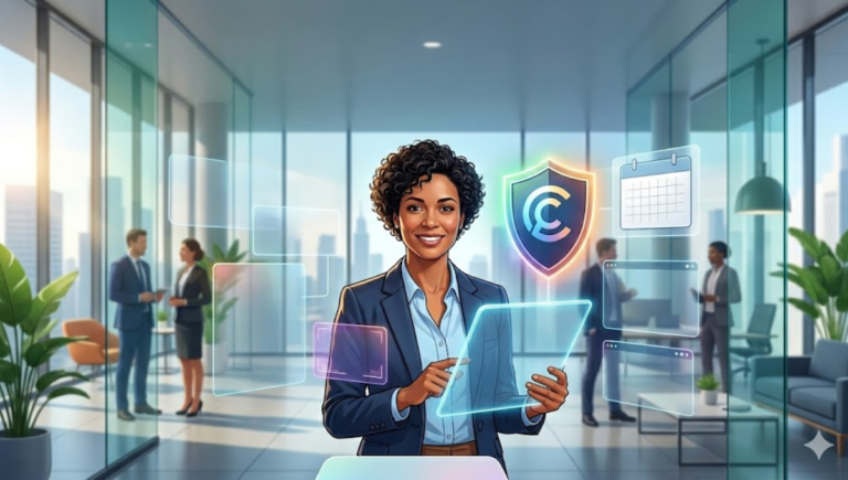 A professional consultant interacting with a digital shield interface in a modern office, symbolizing the critical role of business insurance in protecting consultancy firms and managing risks in 2026.