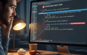 Developer troubleshooting Genboostermark code error on desktop computer in a dimly lit workspace