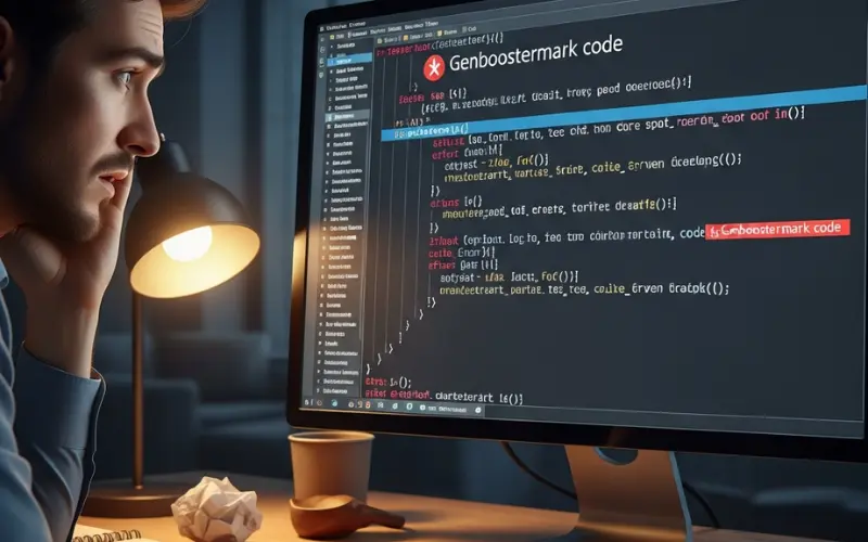 Developer troubleshooting Genboostermark code error on desktop computer in a dimly lit workspace