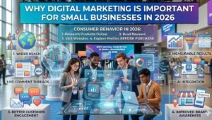 This infographic outlines why digital marketing is vital for small business survival in 2026, driven by consumer behaviors like online research and review-checking before purchasing. It highlights four key benefits: achieving a wider reach, gaining measurable results, fostering better customer engagement, and building improved brand awareness.