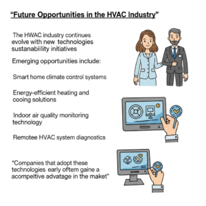 Infographic showing future opportunities in the HVAC industry, including smart home climate control systems, energy-efficient heating and cooling solutions, indoor air quality monitoring technology, and remote HVAC system diagnostics.
