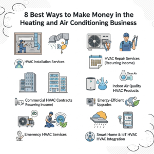 Illustration showing 8 best ways to make money in the heating and air conditioning business, including HVAC installation services, HVAC repair services, indoor air quality products, commercial HVAC contracts, energy-efficient upgrades, emergency HVAC services, and smart home HVAC integration.