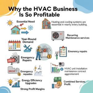 Infographic explaining why the HVAC business is profitable, highlighting essential heating and cooling needs, year-round demand, recurring maintenance services, emergency repairs, energy efficiency upgrades, installation contracts, and strong profit margins.