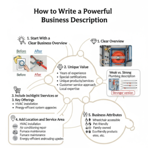 Infographic titled “How to Write a Powerful Business Description” showing steps such as starting with a clear overview, highlighting unique value, listing key services, adding location and service areas, and including business attributes.