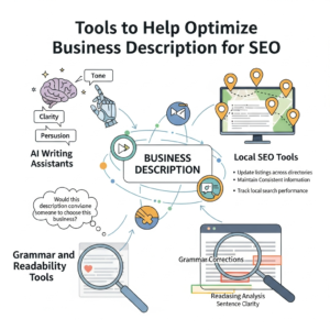 showing AI writing assistants, local SEO tools, and grammar and readability tools used to improve business descriptions.