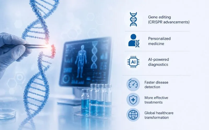 Biotechnology innovation with DNA gene editing, CRISPR technology, and AI-powered healthcare diagnostics
