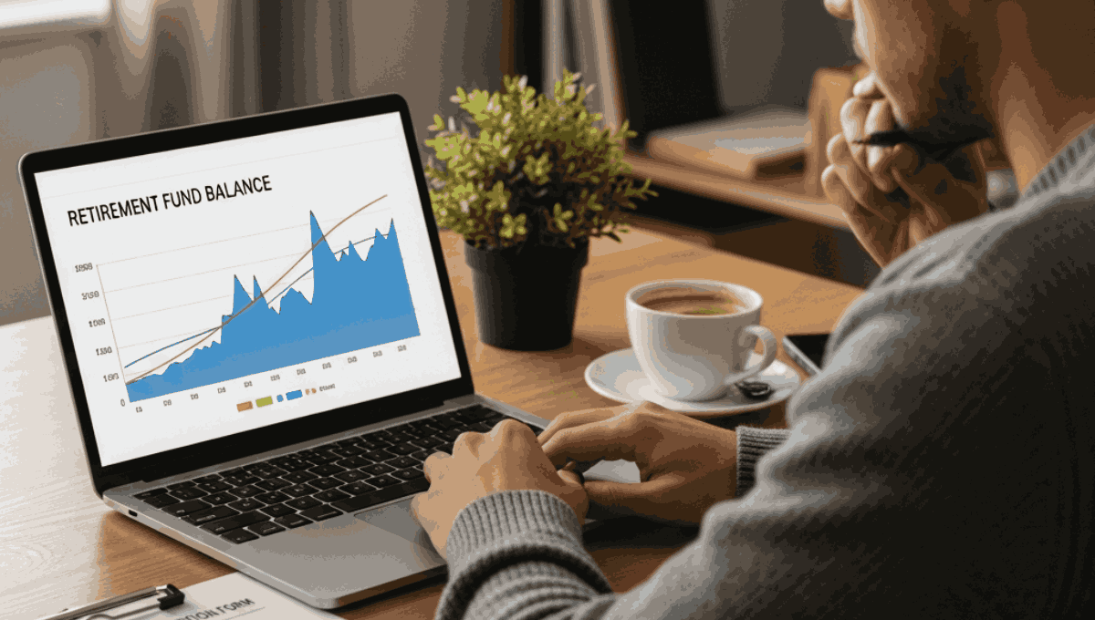 A man sits at a desk with a laptop displaying a growing "Retirement Fund Balance" line graph next to a cup of coffee.